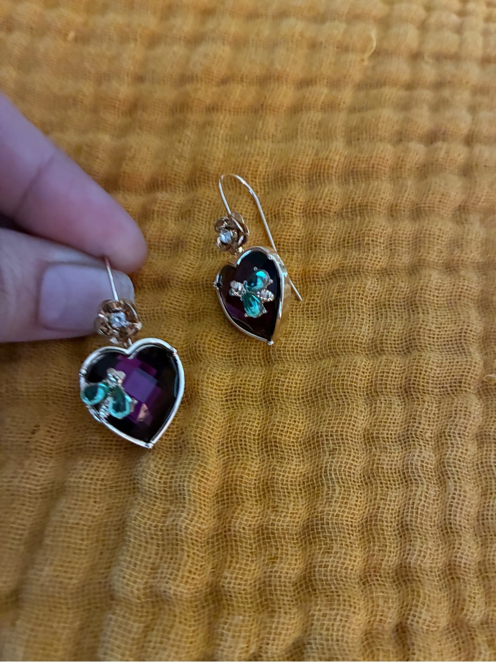 Betsey Johnson Gold-Tone Heart Earrings with Purple Stones and Teal Accents